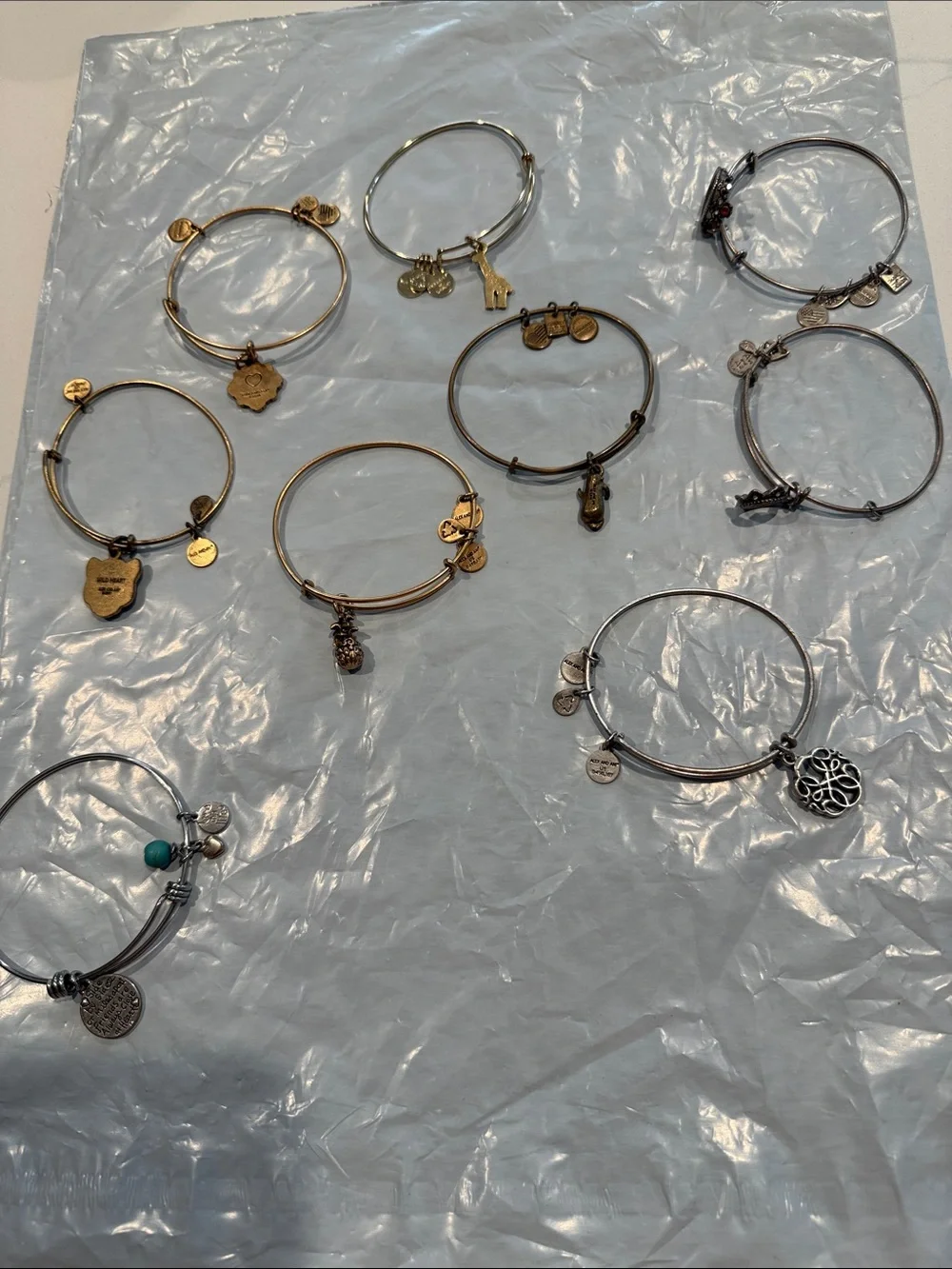Alex and Ani Mixed Metal Charm Bangle Set  of 9 bracelets in Gold silver copper